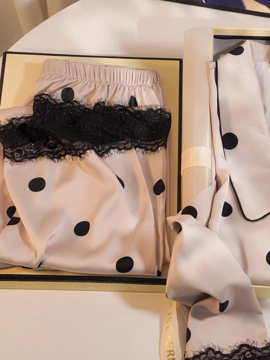 Ice Silk Long - Sleeved Polka Dot Pajama Set (EG207) - Elara Global