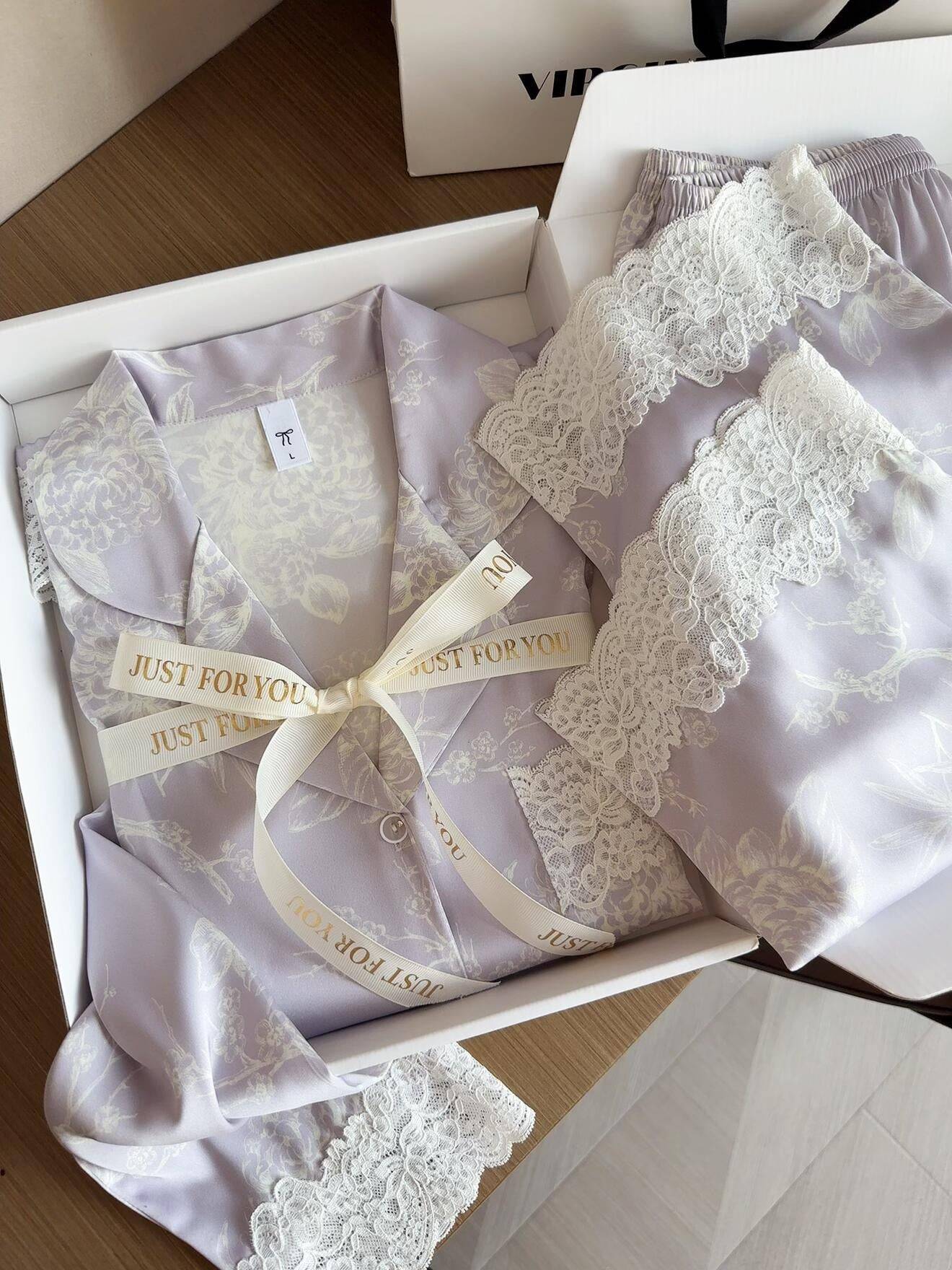 Ice Silk Printed Lace - Trim Pajama Set - Elara Global