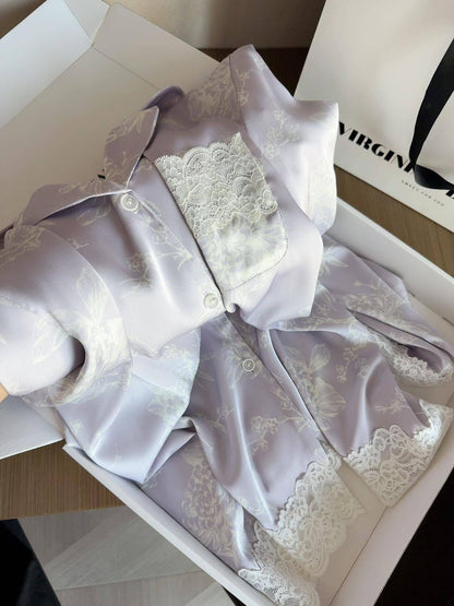 Ice Silk Printed Lace - Trim Pajama Set - Elara Global