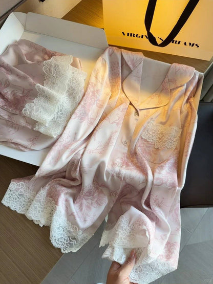 Ice Silk Printed Lace - Trim Pajama Set - Elara Global
