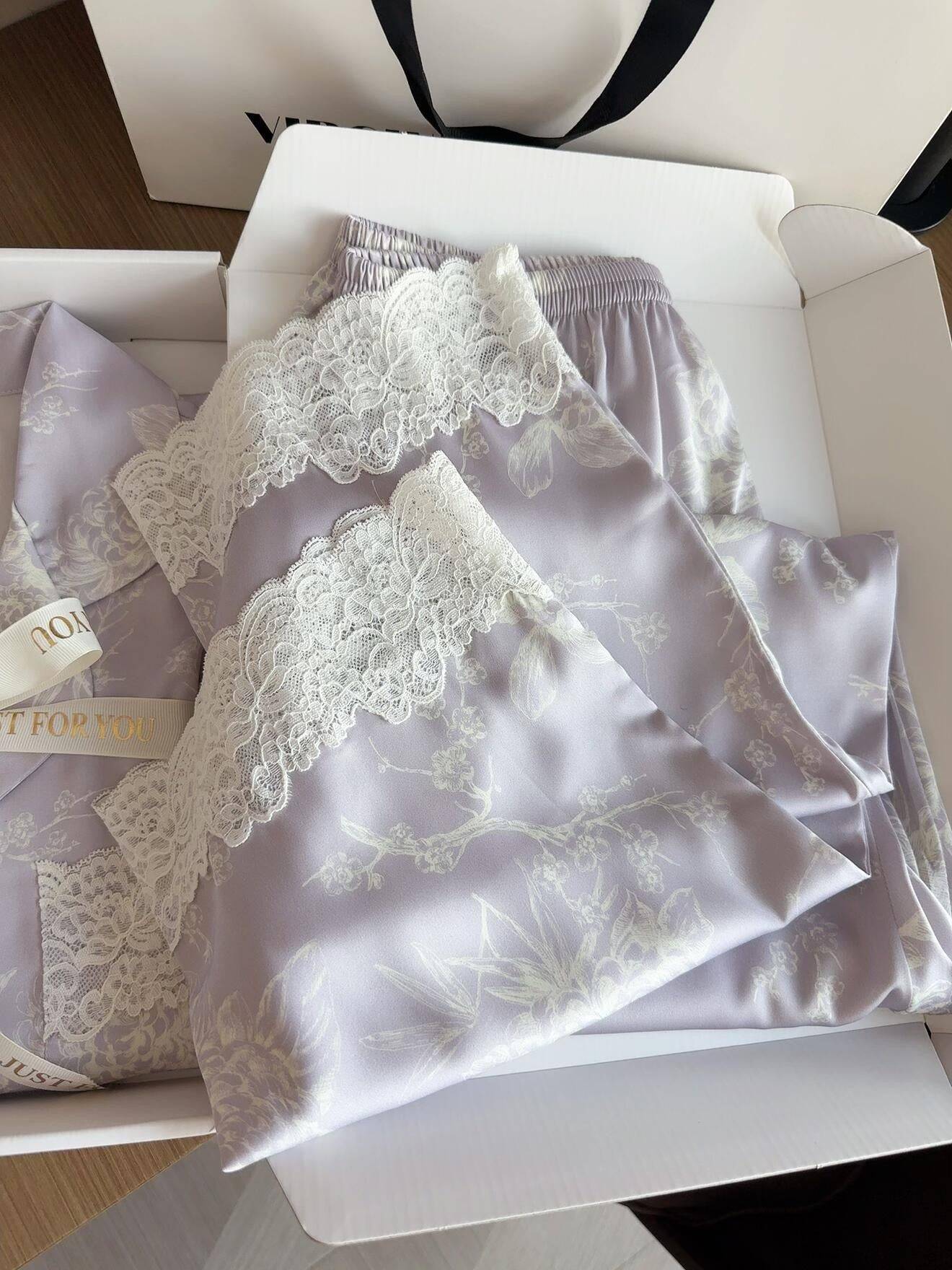 Ice Silk Printed Lace - Trim Pajama Set - Elara Global