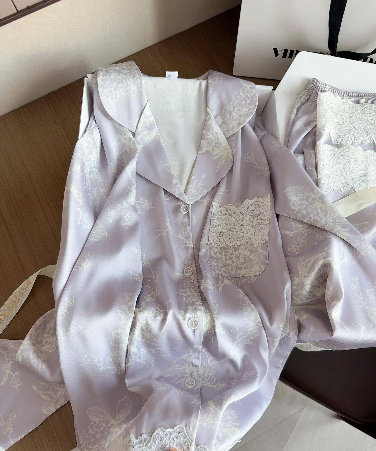 Ice Silk Printed Lace - Trim Pajama Set - Elara Global