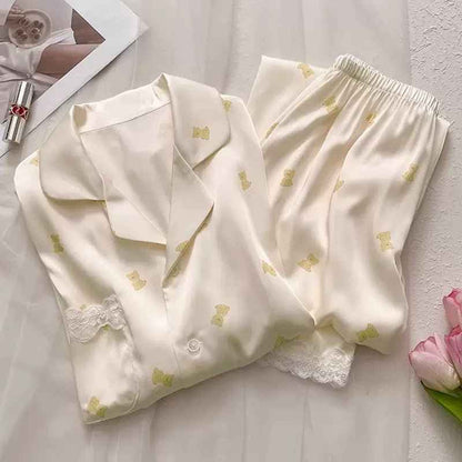 Ice Silk Long Sleeved Lace-Trim Pajama Set (EG205) (Copy)