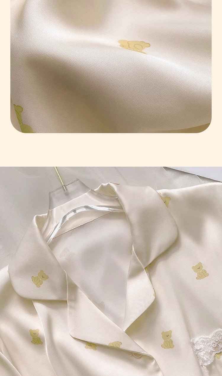 Ice Silk Long Sleeved Lace-Trim Pajama Set (EG205) (Copy)
