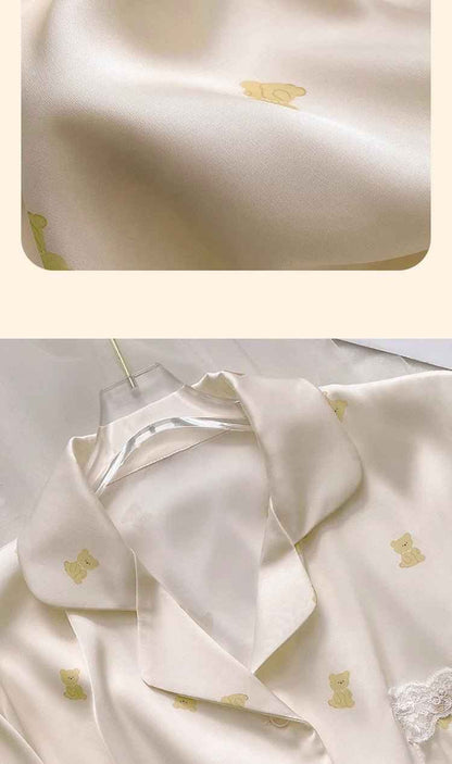 Ice Silk Long Sleeved Lace-Trim Pajama Set (EG205) (Copy)