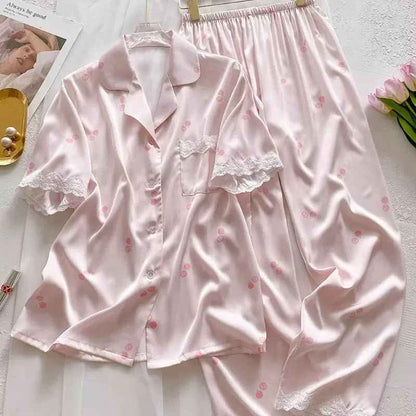 Ice Silk Long Sleeved Lace-Trim Pajama Set (EG205) (Copy)