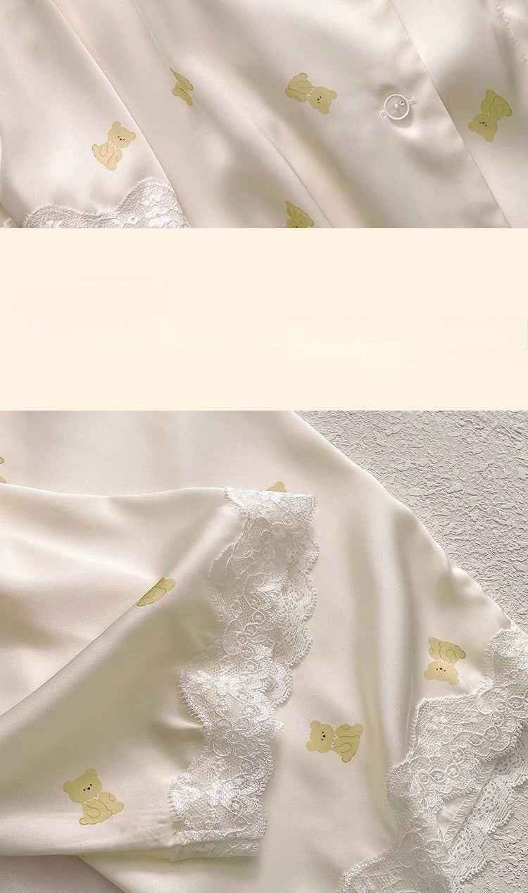 Ice Silk Long Sleeved Lace-Trim Pajama Set (EG205) (Copy)