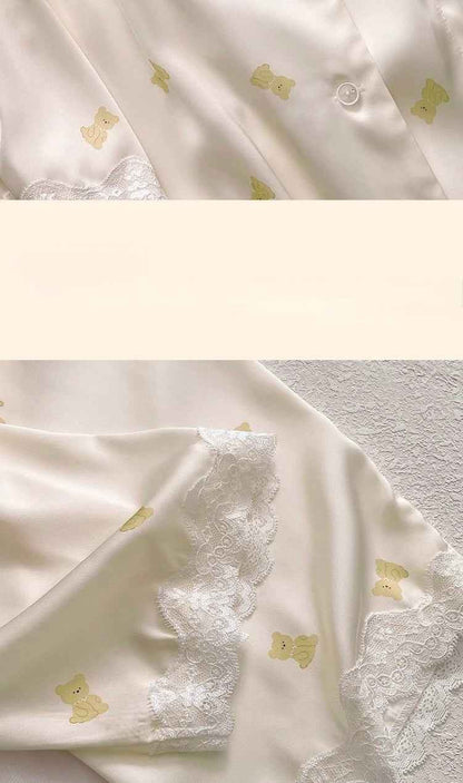 Ice Silk Long Sleeved Lace-Trim Pajama Set (EG205) (Copy)
