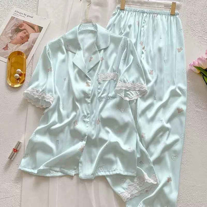 Ice Silk Long Sleeved Lace-Trim Pajama Set (EG205) (Copy)