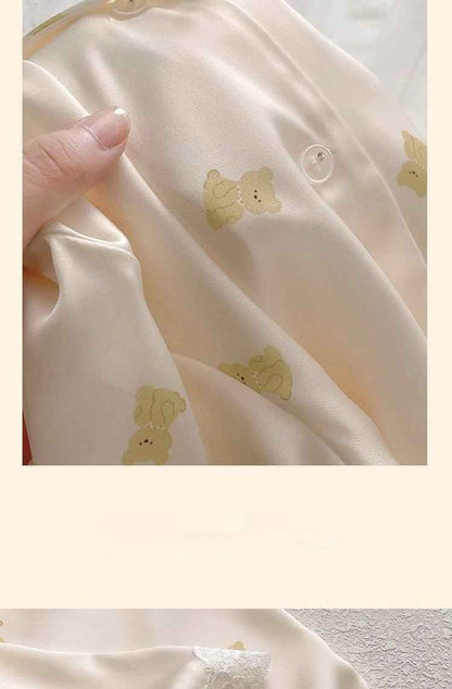 Ice Silk Long Sleeved Lace-Trim Pajama Set (EG205) (Copy)