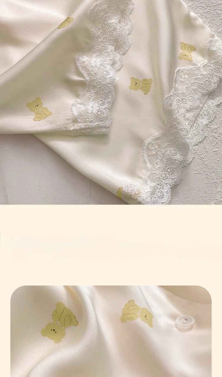 Ice Silk Long Sleeved Lace-Trim Pajama Set (EG205) (Copy)