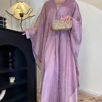 Kaftan Beaded Dazzling Shiny Open Abaya 2 - Piece (EG104) - Elara Global