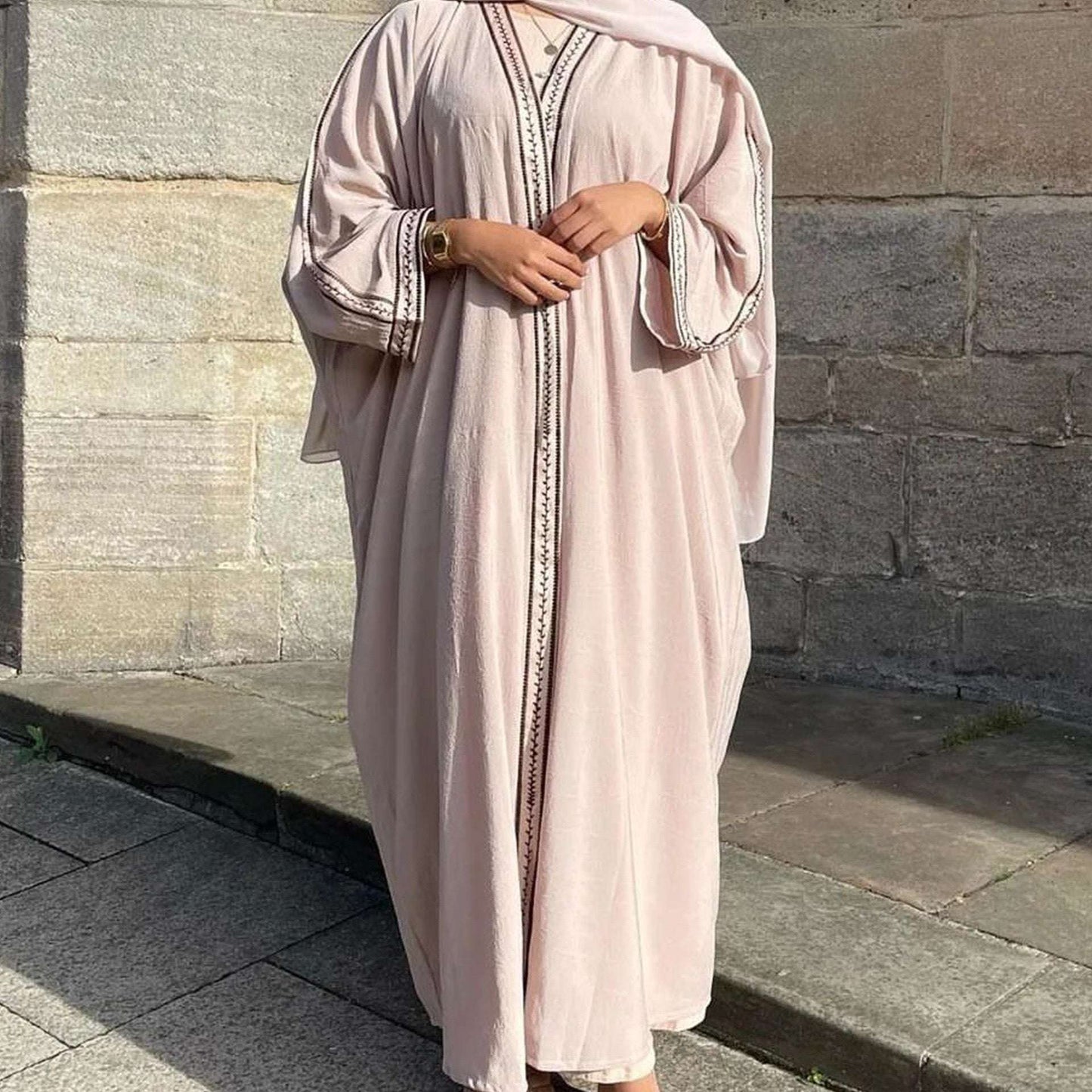 Kaftan Sleeve Embroidered Open Abaya (EG109) - Elara Global