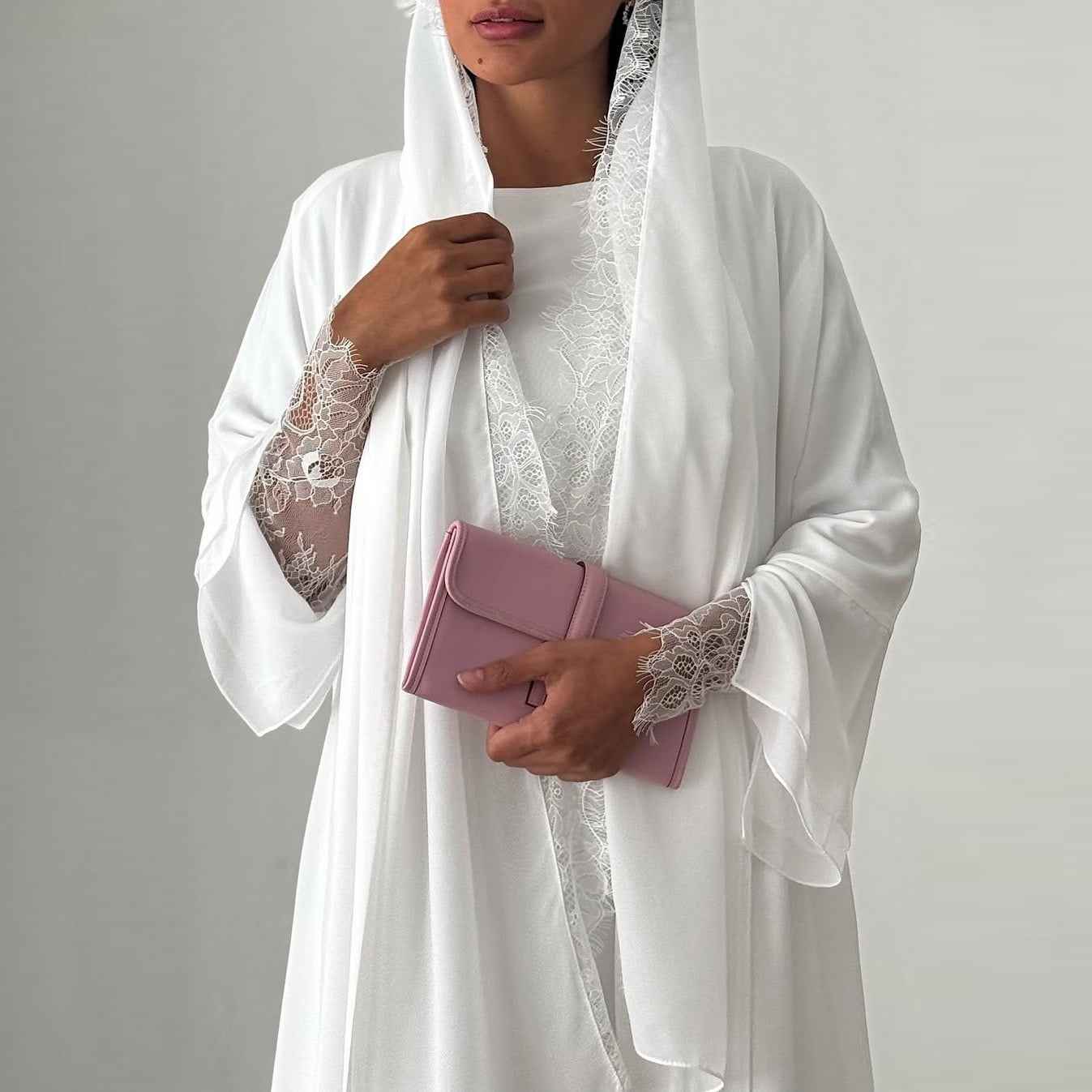 Leilah Lace Abaya Set - White (EG142) - Ikah