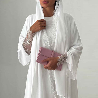 Leilah Lace Abaya Set - White (EG142) - Ikah