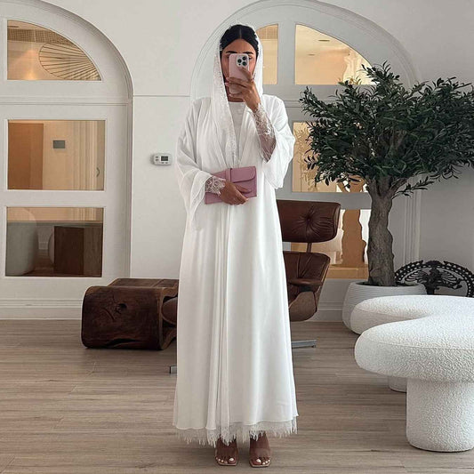 Leilah Lace Abaya Set - White (EG142) - Ikah