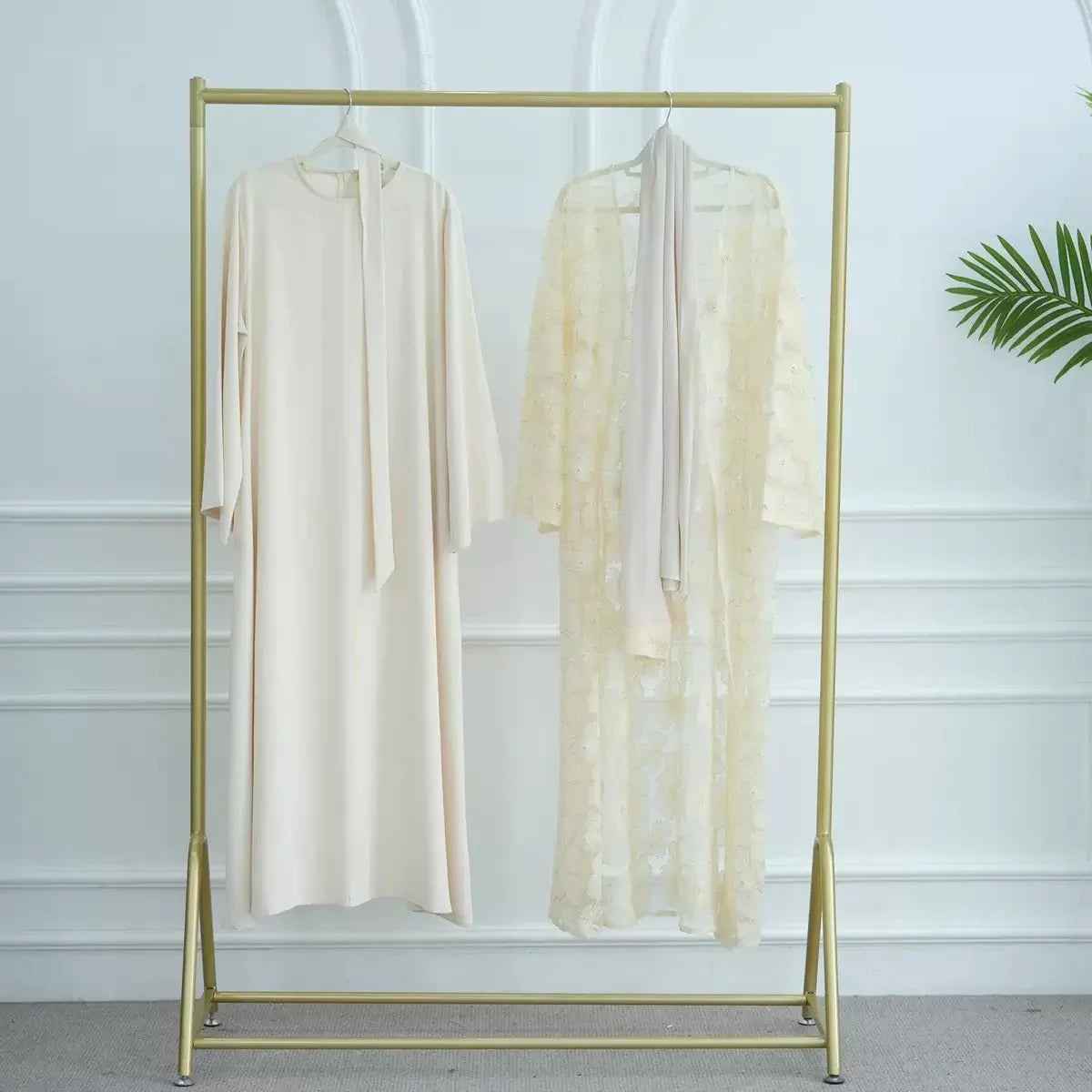 Mesh Flower Bead Open Abaya Set | Elegant Muslim Wedding Guest Outfit (EG107)