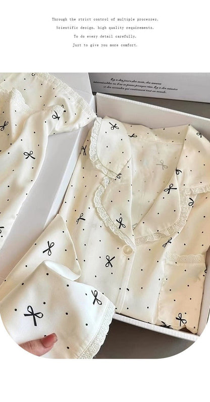 Minimal Black Bow & Dot Ruffle - Collar Pajama Set (EG216) - Elara Global