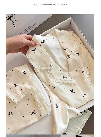 Minimal Black Bow & Dot Ruffle - Collar Pajama Set (EG216) - Elara Global