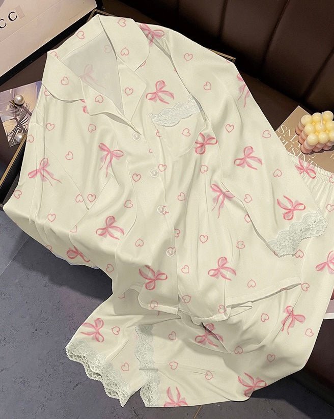 Pastel Pink Bow & Heart Lace - Trim Pajama Set (EG215) - Elara Global