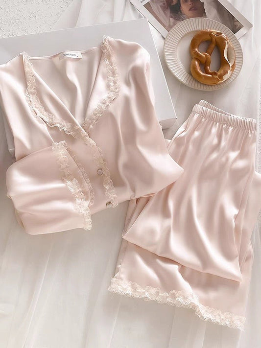 Satin Silk Lace - Trim Pajama Set - Elara Global