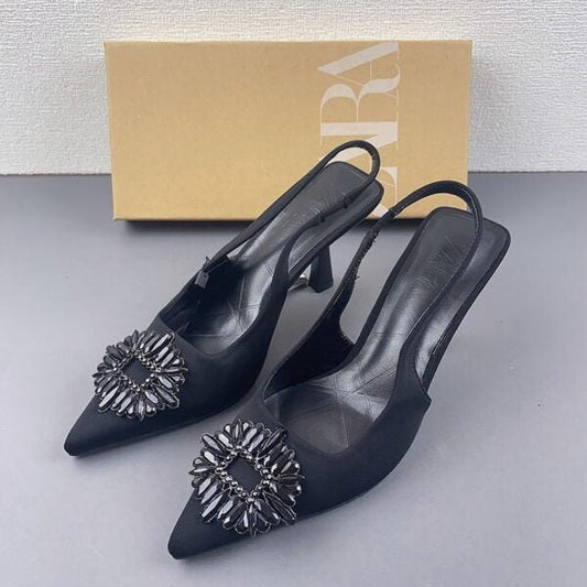 Zara Elegant Black Slingback Heels with Embellished Toe - Elara Global
