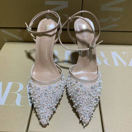 ZARA Nude Embellished Pointed - Toe Heels - Elara Global