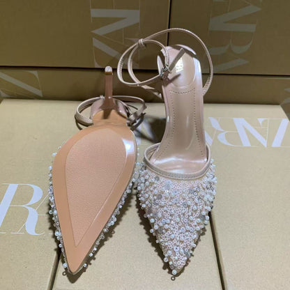 ZARA Nude Embellished Pointed - Toe Heels - Elara Global