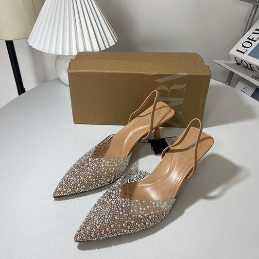Zara Transparent Pearl Pointed Toe Elegant Heels - Elara Global