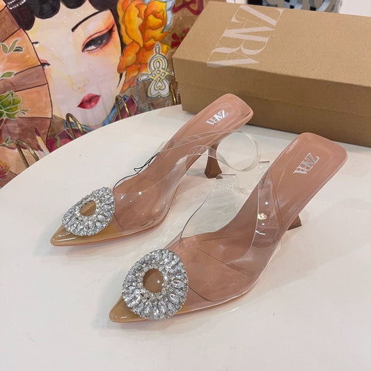 Zara vinyl heeled slingback shoes with rhinestone - Elara Global