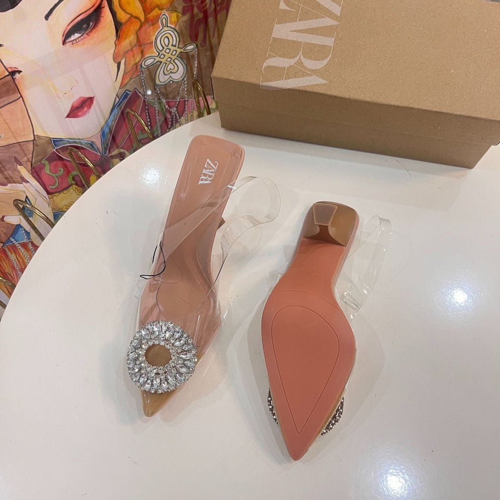 Zara vinyl heeled slingback shoes with rhinestone - Elara Global