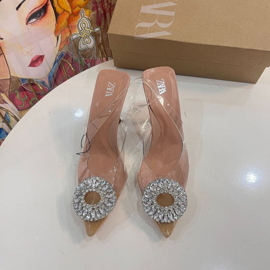 Zara vinyl heeled slingback shoes with rhinestone - Elara Global